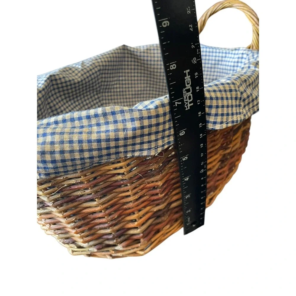 Vintage Wicker‎ Basket w/ Blue Gingham Liner Farmhouse Country Decor